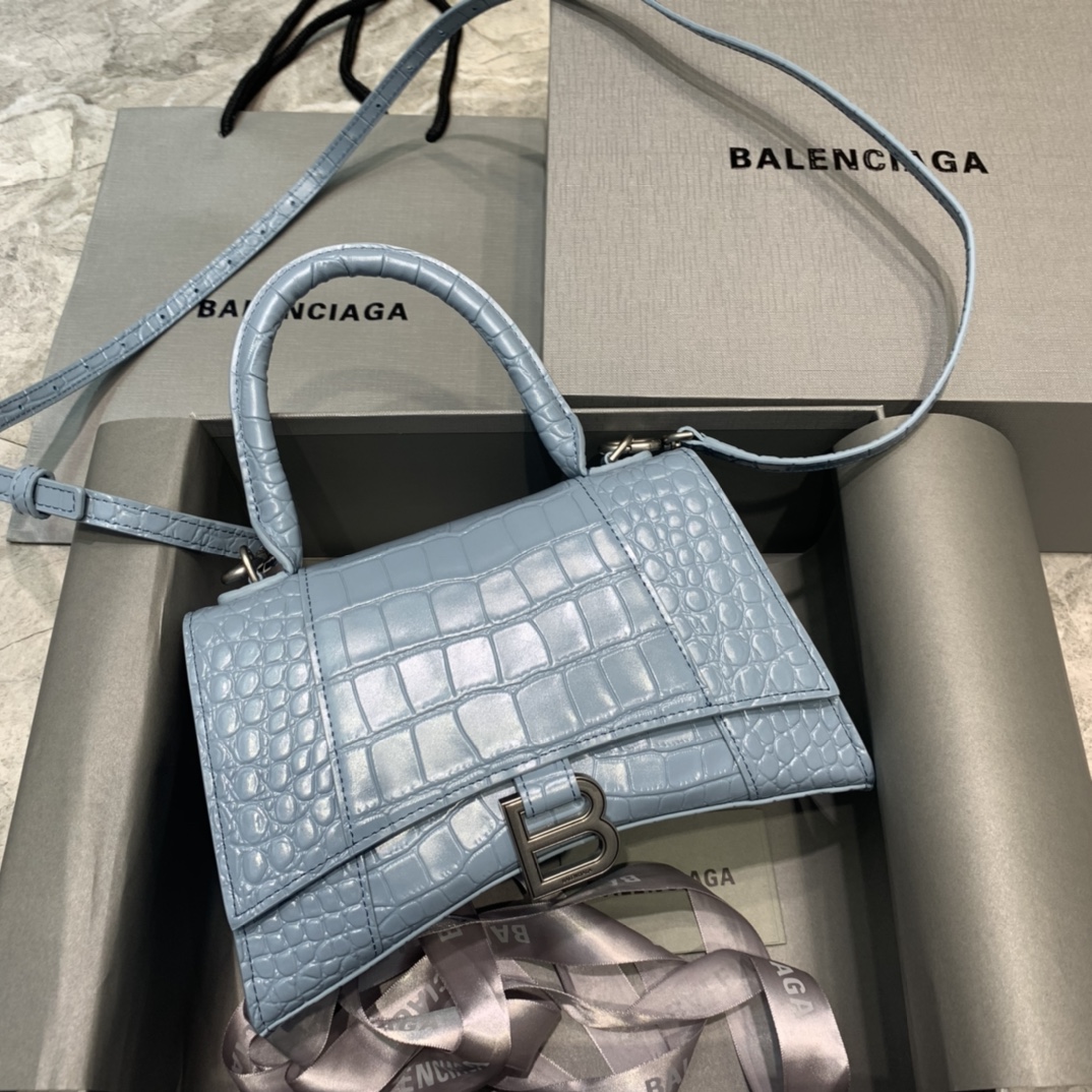 Balenciaga Hourglass Small Handbag Crocodile Embossed Shoulder Bag Haze Blue